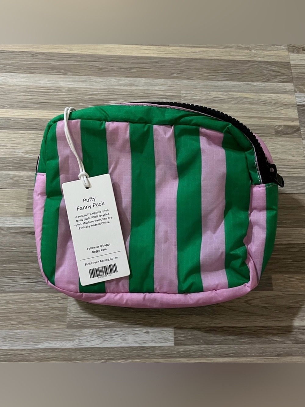 BAGGU 💚💗 Puffy Fanny Pink and Green Awning Stripe Belt Bag Hands Free Crossbody - Picture 5 of 7